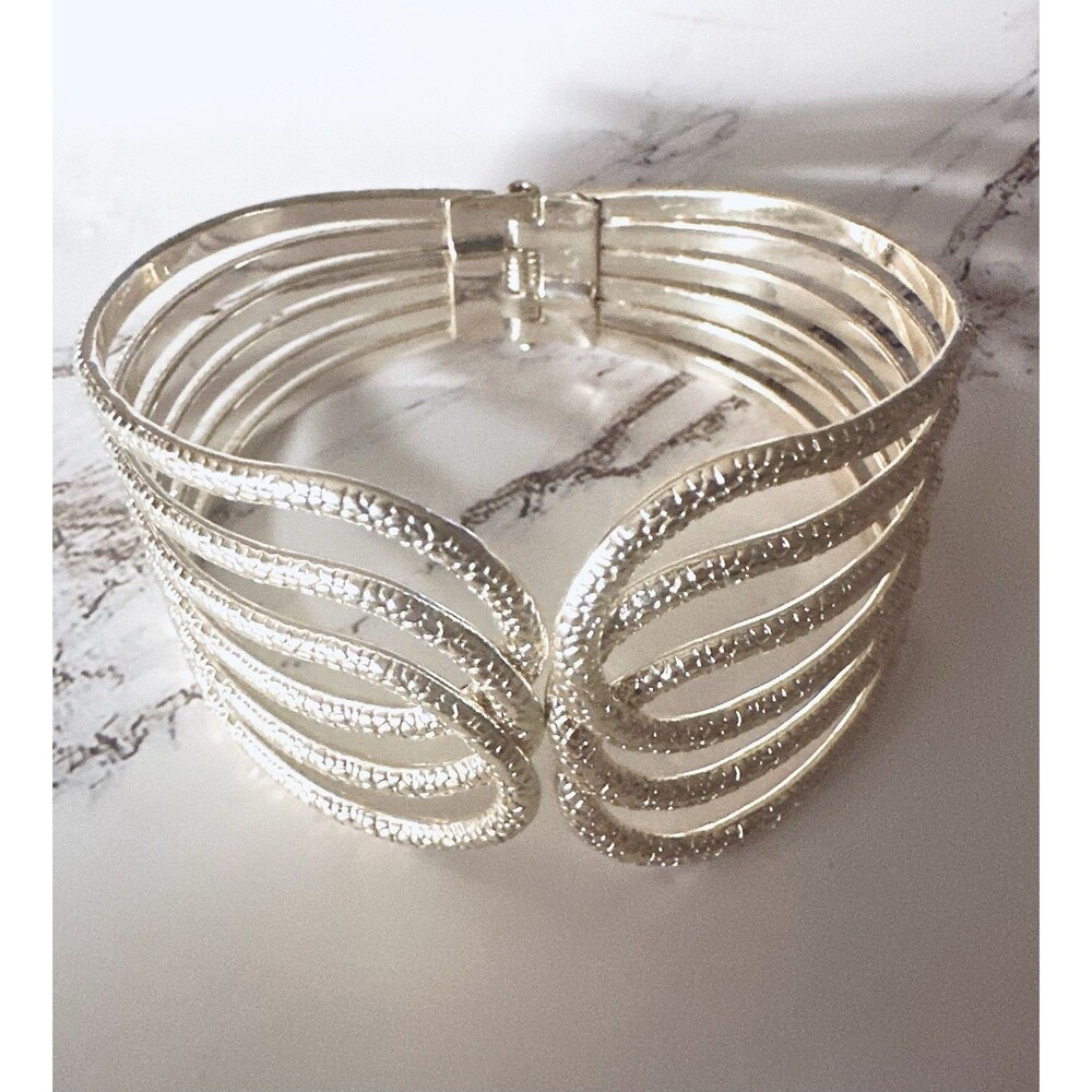 Silver Tone Wide Hinged Cuff Bracelet Multi Row Textured Armor Statement